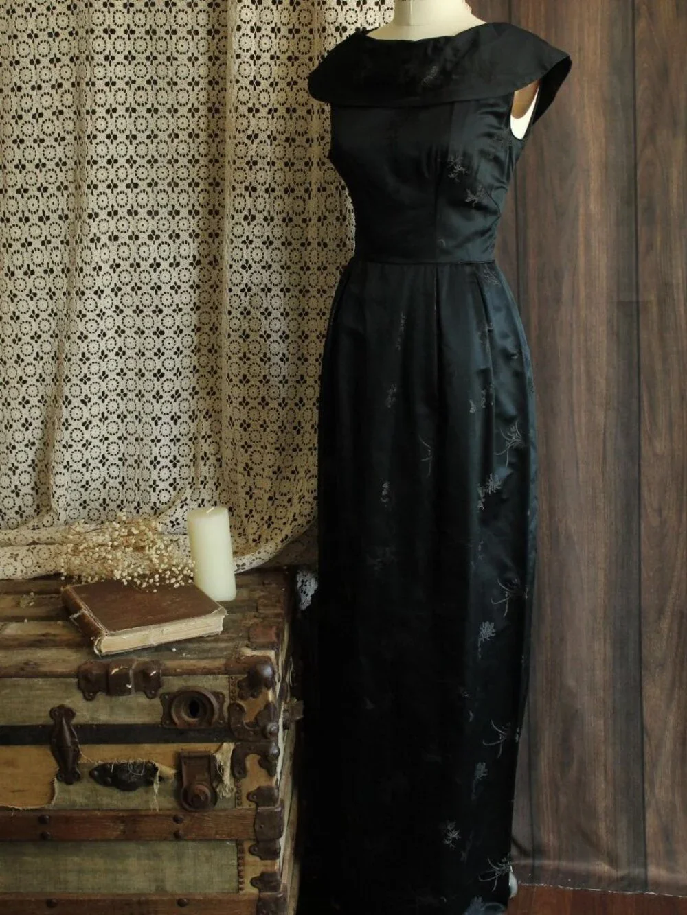 Vintage 1960s Dress, Black Satin Brocade Gown, Portrait Neckline Wiggle Style - Picture 10 of 13